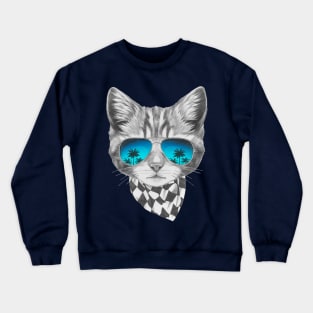 Cat with mirror sunglasses and scarf Crewneck Sweatshirt